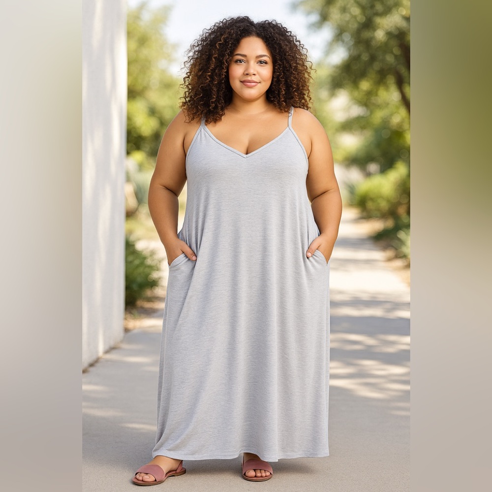 Zenana Premium Plus Size Maxi Dress W/ Pockets Grey 1X, 2X